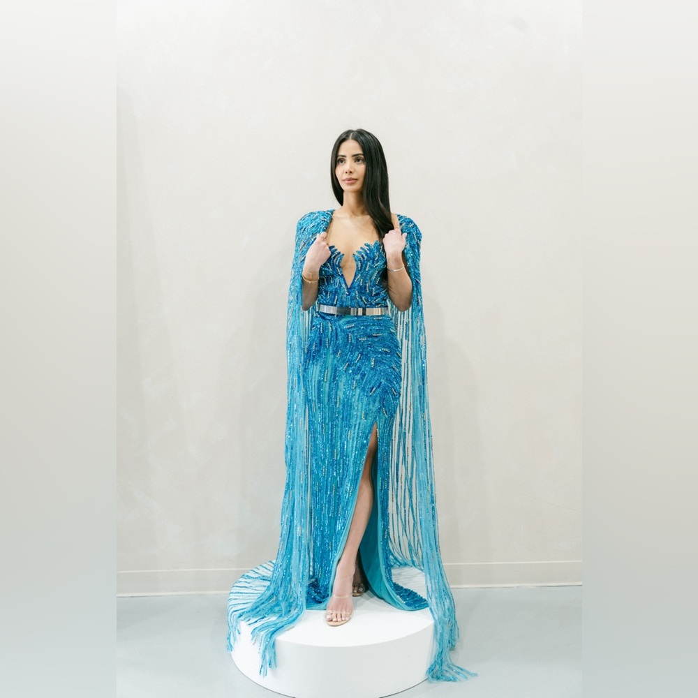 Zuhair Murad Inspired Gorgeous Custom Lebanese Gown Blue Beaded Dress With Cape